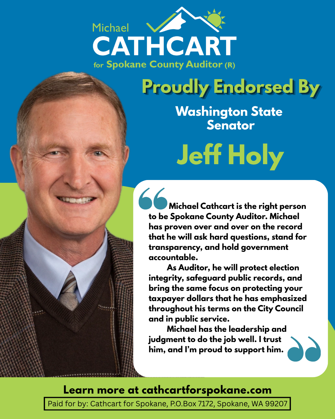 Jeff Holy endorsement of Michael Cathcart for Spokane County Auditor